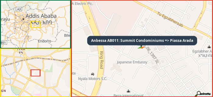 Map showing the address of Anbessa AB011: Summit Condominiums => Piassa Arada in three different zoom levels.