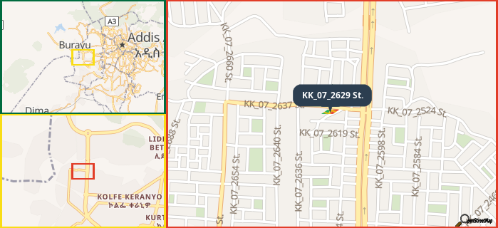 Map showing the address of KK_07_2629 St. in three different zoom levels.