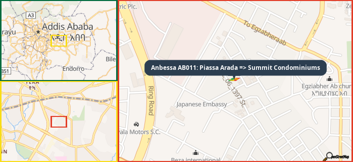 Map showing the address of Anbessa AB011: Piassa Arada => Summit Condominiums in three different zoom levels.