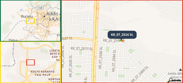 Map showing the address of KK_07_2524 St. in three different zoom levels.