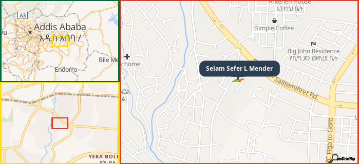 Map showing the address of Selam Sefer L Mender in three different zoom levels.