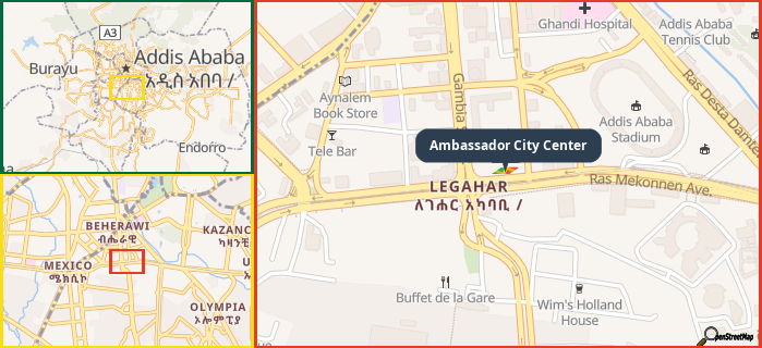 Map showing the address of Ambassador City Center in three different zoom levels.