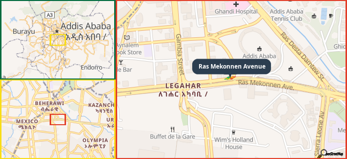 Map showing the address of Ras Mekonnen Avenue in three different zoom levels.