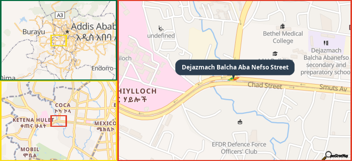 Map showing the address of Dejazmach Balcha Aba Nefso Street in three different zoom levels.