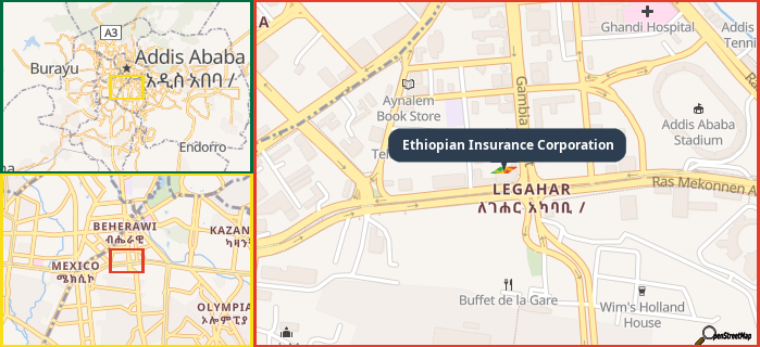 Map showing the address of Ethiopian Insurance Corporation in three different zoom levels.