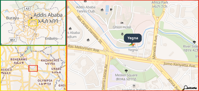 Map showing the address of Yegna in three different zoom levels.