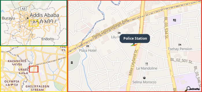 Map showing the address of Police Station in three different zoom levels.