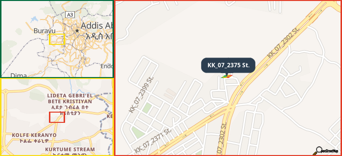 Map showing the address of KK_07_2375 St. in three different zoom levels.