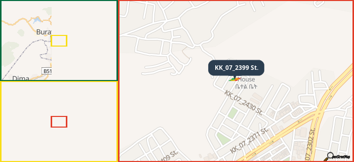 Map showing the address of KK_07_2399 St. in three different zoom levels.