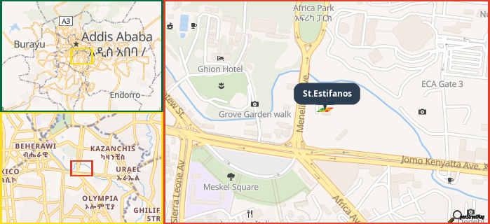 Map showing the address of St.Estifanos in three different zoom levels.