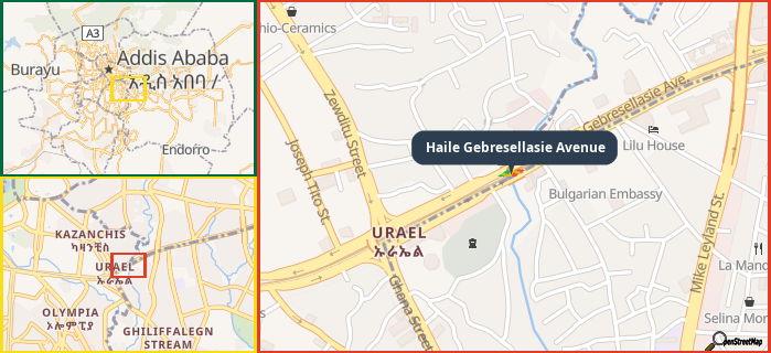 Map showing the address of Haile Gebresellasie Avenue in three different zoom levels.