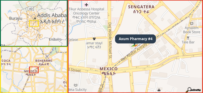 Map showing the address of Axum Pharmacy #4 in three different zoom levels.