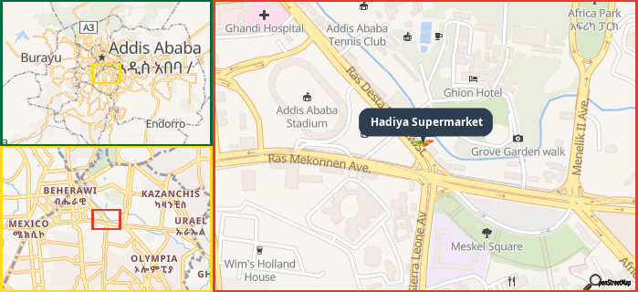 Map showing the address of Hadiya Supermarket in three different zoom levels.