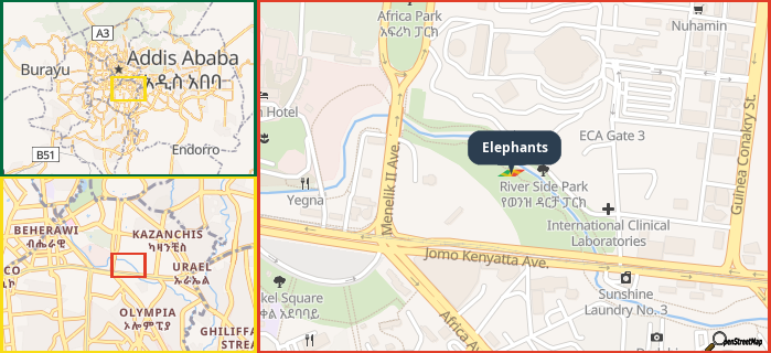 Map showing the address of Elephants in three different zoom levels.