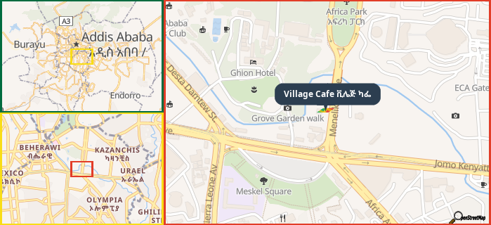 Map showing the address of Village Cafe ቪሌጅ ካፌ in three different zoom levels.