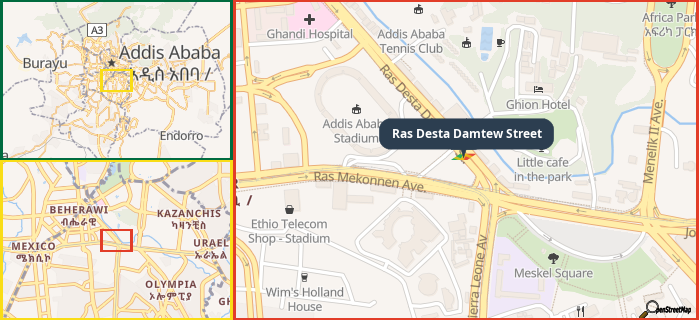 Map showing the address of Ras Desta Damtew Street in three different zoom levels.