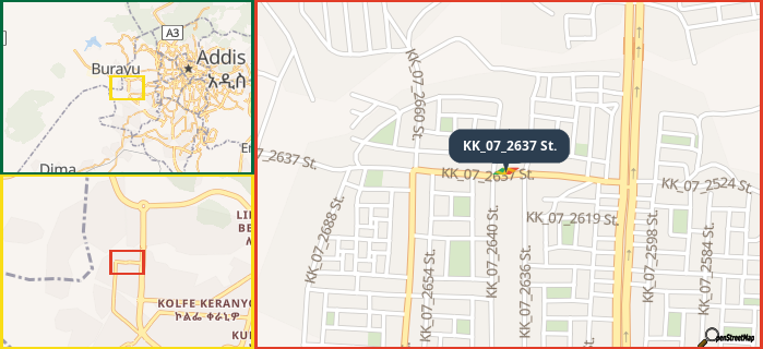 Map showing the address of KK_07_2637 St. in three different zoom levels.