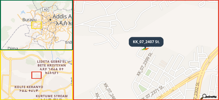 Map showing the address of KK_07_2407 St. in three different zoom levels.