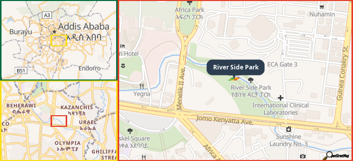 Map showing the address of River Side Park in three different zoom levels.