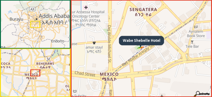 Map showing the address of Wabe Shebelle Hotel in three different zoom levels.