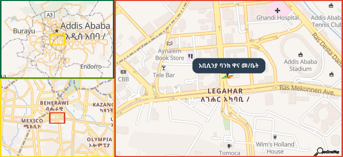 Map showing the address of አቢሲንያ ባንክ ዋና መ/ቤት in three different zoom levels.