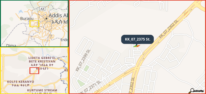 Map showing the address of KK_07_2375 St. in three different zoom levels.