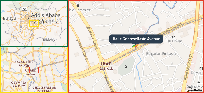 Map showing the address of Haile Gebresellasie Avenue in three different zoom levels.