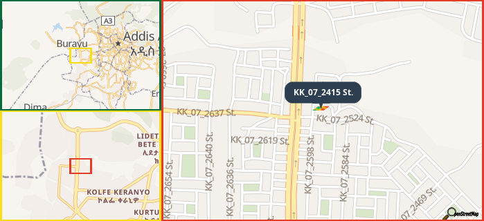 Map showing the address of KK_07_2415 St. in three different zoom levels.