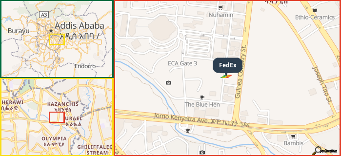 Map showing the address of FedEx in three different zoom levels.