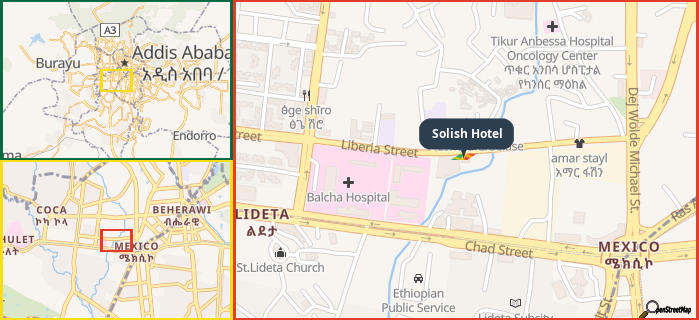 Map showing the address of Solish Hotel in three different zoom levels.