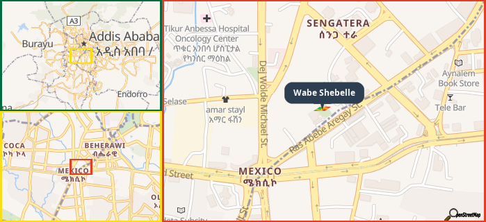 Map showing the address of Wabe Shebelle in three different zoom levels.