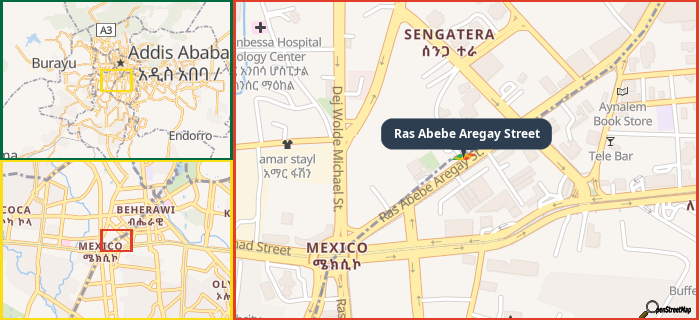Map showing the address of Ras Abebe Aregay Street in three different zoom levels.