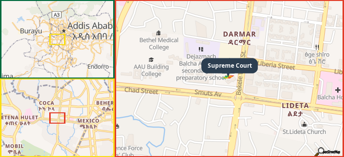 Map showing the address of Supreme Court in three different zoom levels.