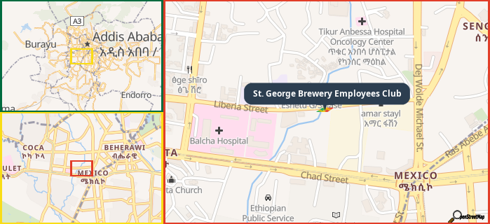 Map showing the address of St. George Brewery Employees Club in three different zoom levels.