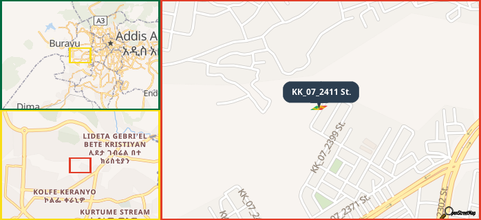 Map showing the address of KK_07_2411 St. in three different zoom levels.