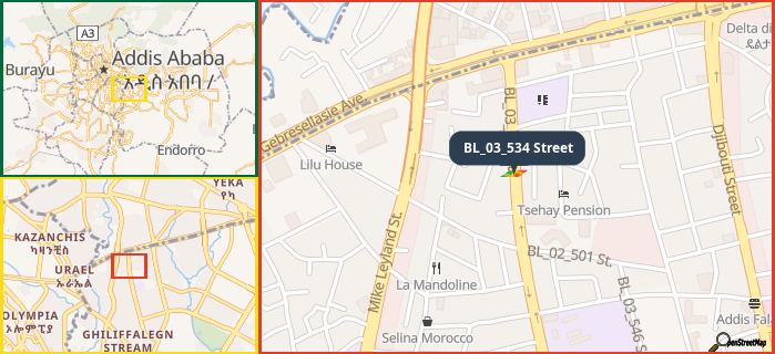 Map showing the address of BL_03_534 Street in three different zoom levels.