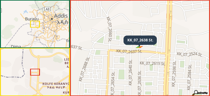 Map showing the address of KK_07_2638 St. in three different zoom levels.