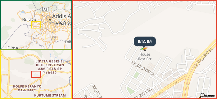 Map showing the address of ቤተል ቤት in three different zoom levels.