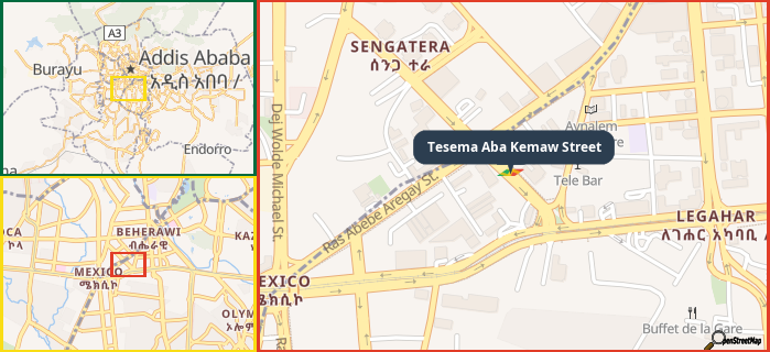 Map showing the address of Tesema Aba Kemaw Street in three different zoom levels.