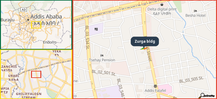 Map showing the address of Zurga bldg in three different zoom levels.