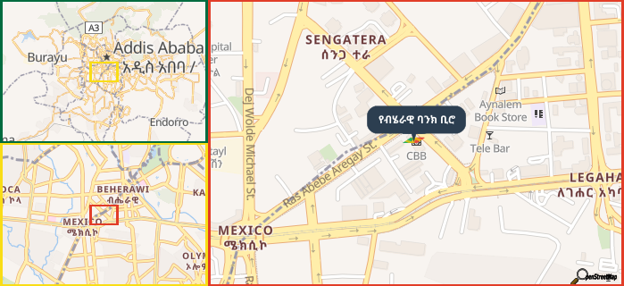 Map showing the address of የብሄራዊ ባንክ ቢሮ in three different zoom levels.