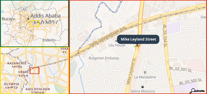Map showing the address of Mike Leyland Street in three different zoom levels.