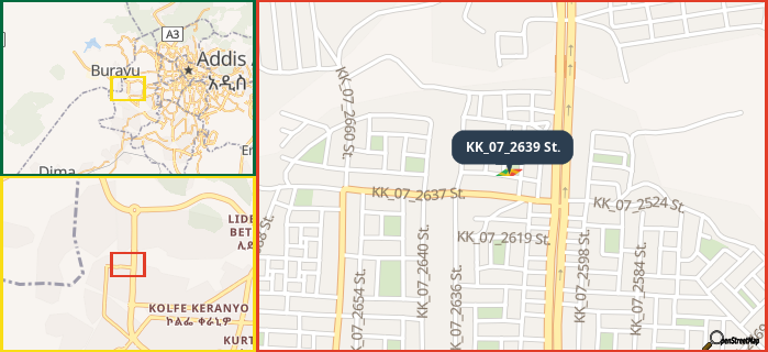 Map showing the address of KK_07_2639 St. in three different zoom levels.