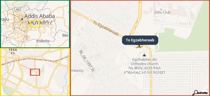 Map showing the address of To Egzabheraab in three different zoom levels.