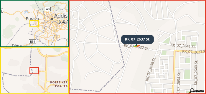 Map showing the address of KK_07_2637 St. in three different zoom levels.