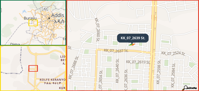 Map showing the address of KK_07_2639 St. in three different zoom levels.