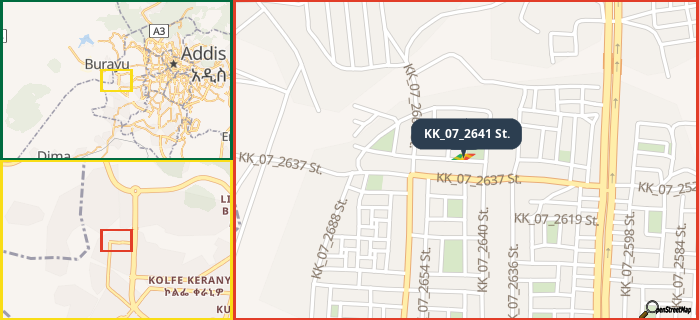 Map showing the address of KK_07_2641 St. in three different zoom levels.