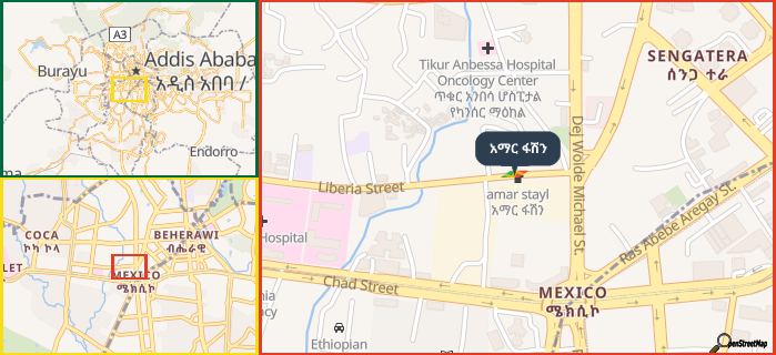 Map showing the address of አማር ፋሽን in three different zoom levels.