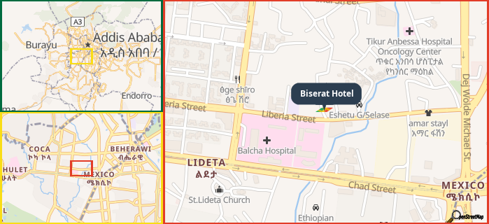 Map showing the address of Biserat Hotel in three different zoom levels.