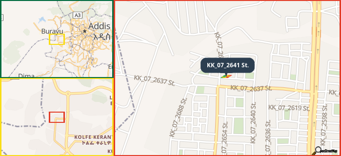 Map showing the address of KK_07_2641 St. in three different zoom levels.